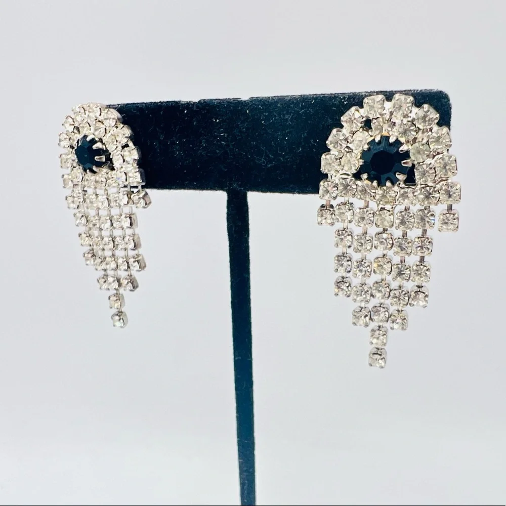 Vintage silver rhinestone fringe pierced earrings black accent dangles unique